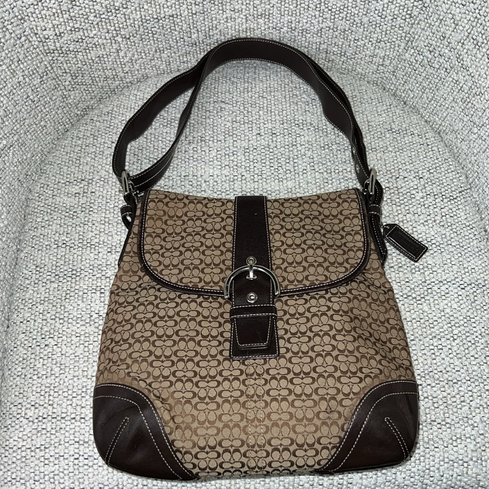 COACH 6376 Soho Brown Signature Monogram Logo Jacquard Leather Shoulder Bag